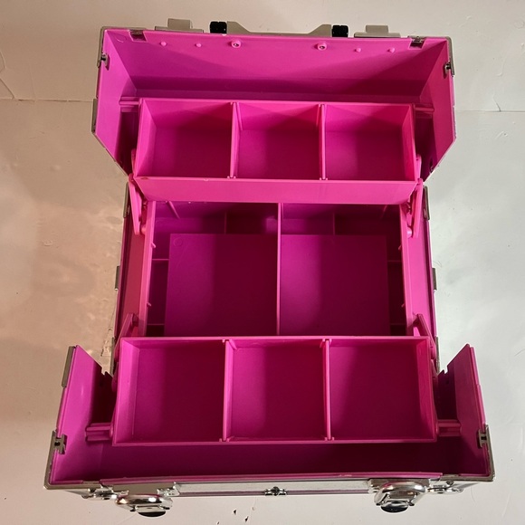 Pink & Silver Makeup Train Case with Multiple Compartments – Portable Organizer - Picture 3 of 16